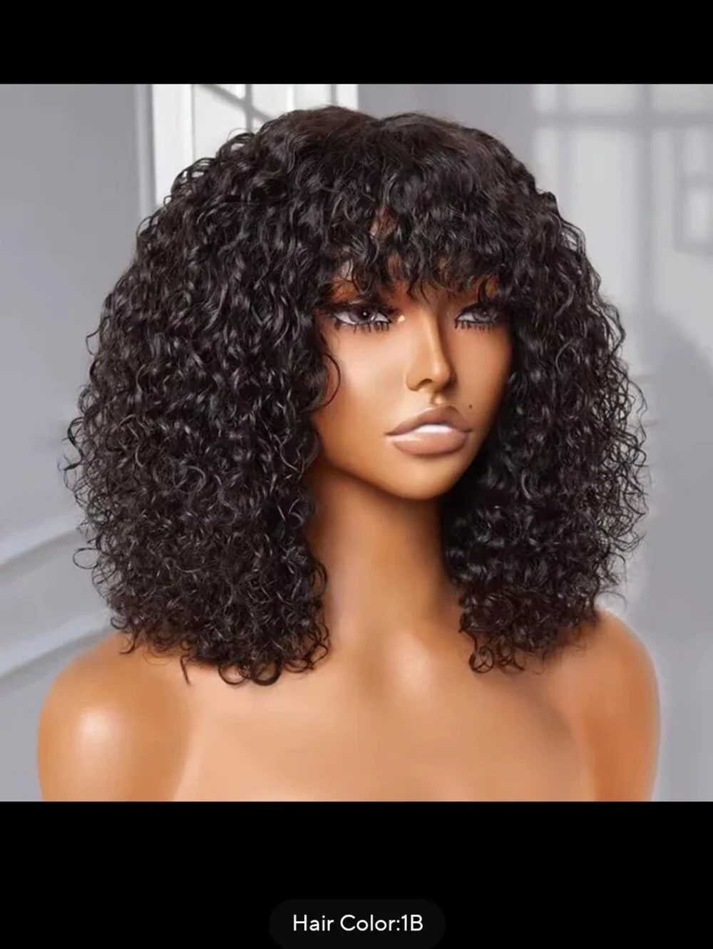 Short Curly Bob Wig with Fringe - Black